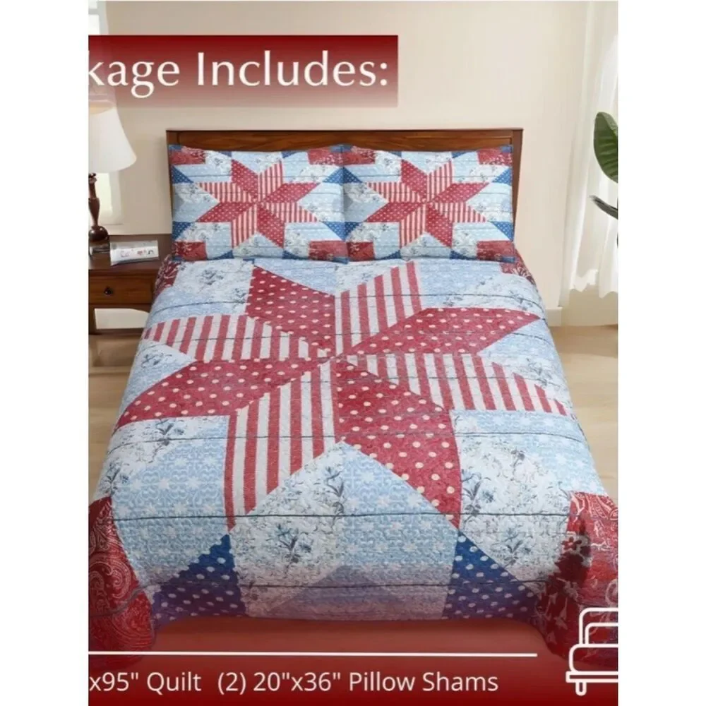 Americana Liberty Star Vintage Look King Quilt Set Patriotic Red White Blue